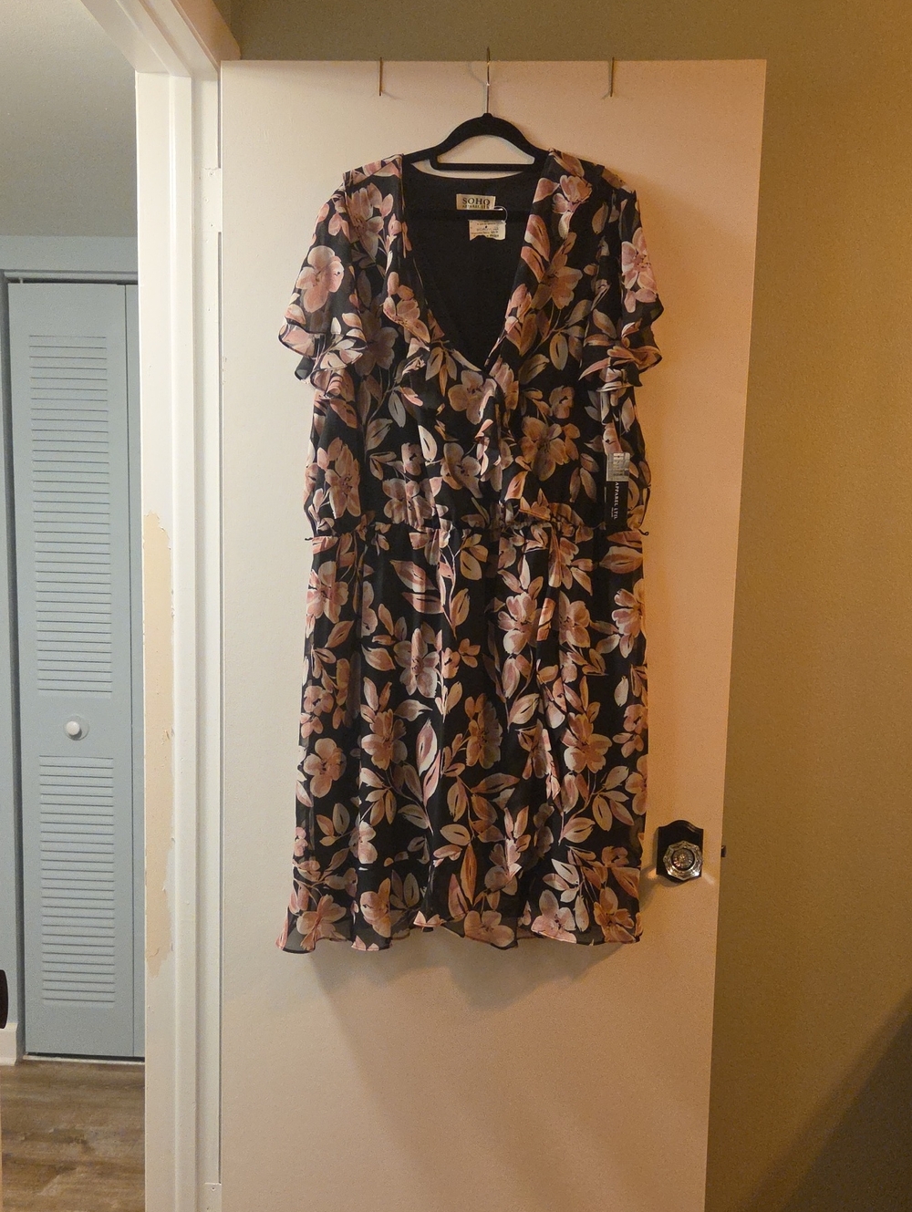 Floral Ruffle Wrap Dress - Black with Pink Floral